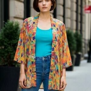 🎨 Abstract Kimono Cardigan 💫 🦚Sheer Open Front Multicolor | XS